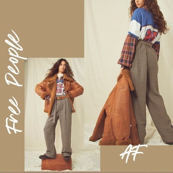 FREE PEOPLE MARYAM HOUNDSTOOTH PAPER-BAG SLACKS - Picture 2 of 14